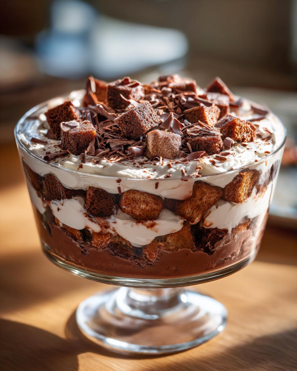 Layered chocolate trifle recipe with cream, cake cubes, and chocolate shavings in glass bowl.
