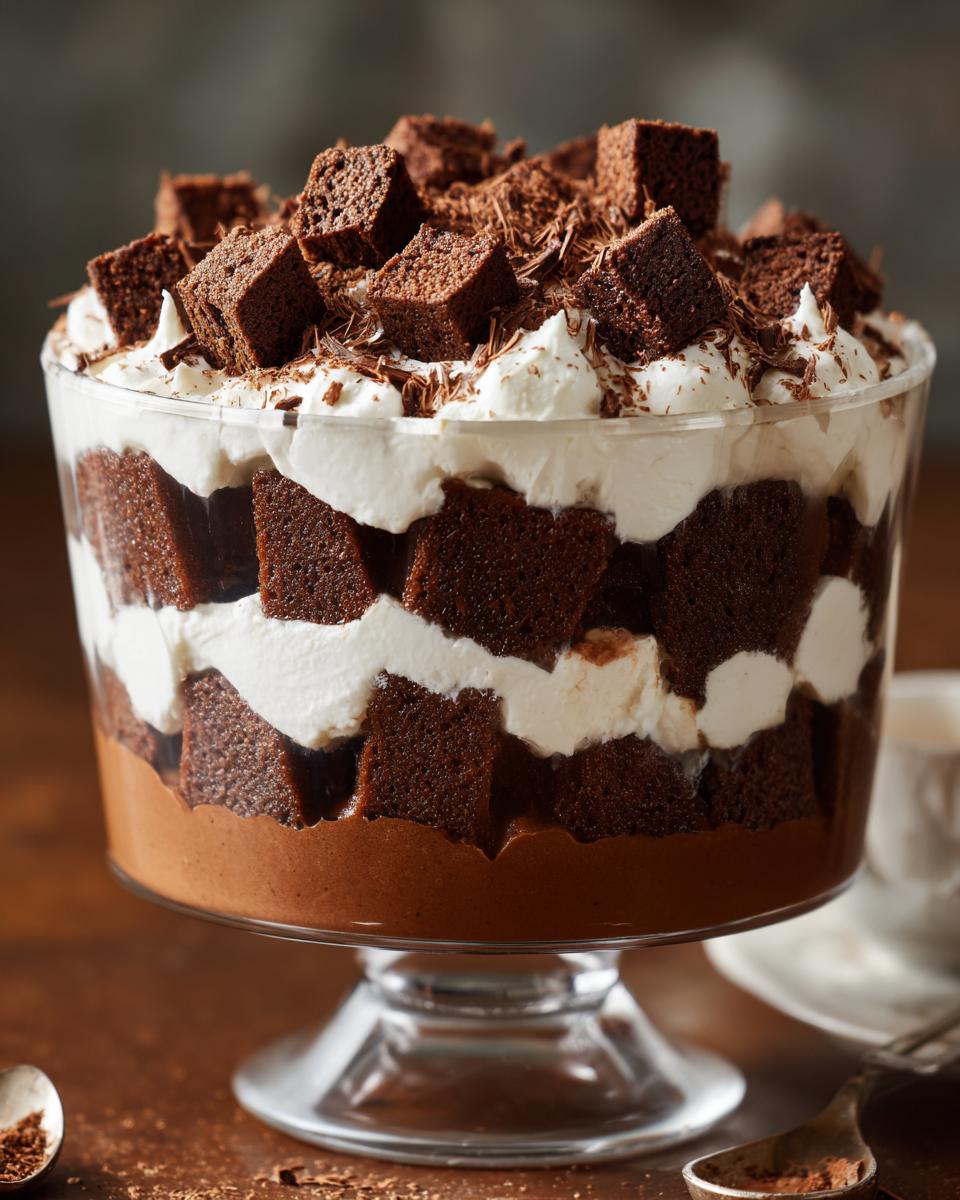 Layered chocolate trifle recipe with whipped cream and chocolate cake cubes in a glass bowl