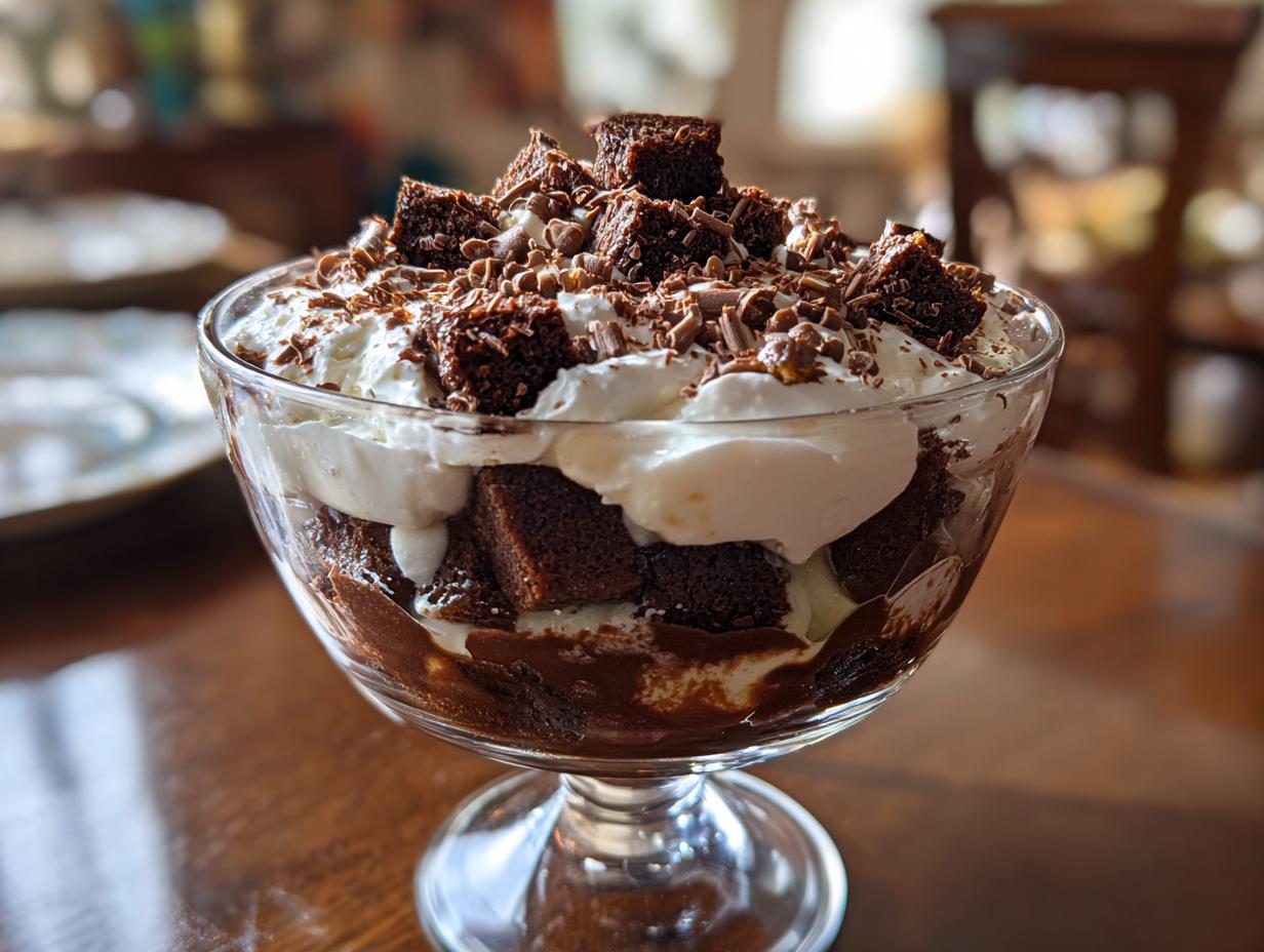 Glass bowl filled with chocolate trifle recipe layers of cake, cream, and chocolate shavings