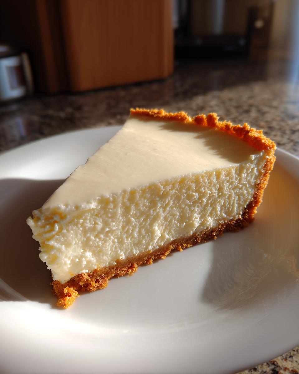 Close-up of a creamy slice of cheesecake with a golden crust on a white plate.