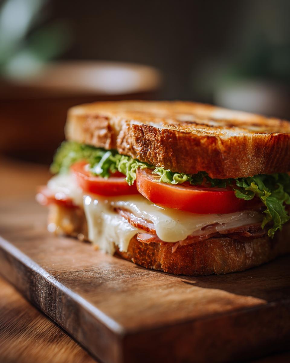Close-up of a ham sandwich with melted cheese, tomato slices, and lettuce on toasted bread.