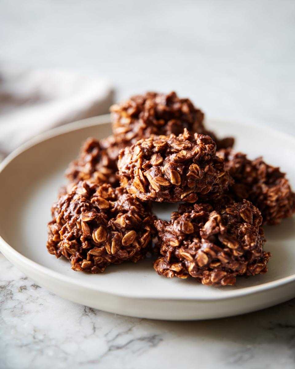 Plate of chocolate oat no bake cookie recipes stacked together
