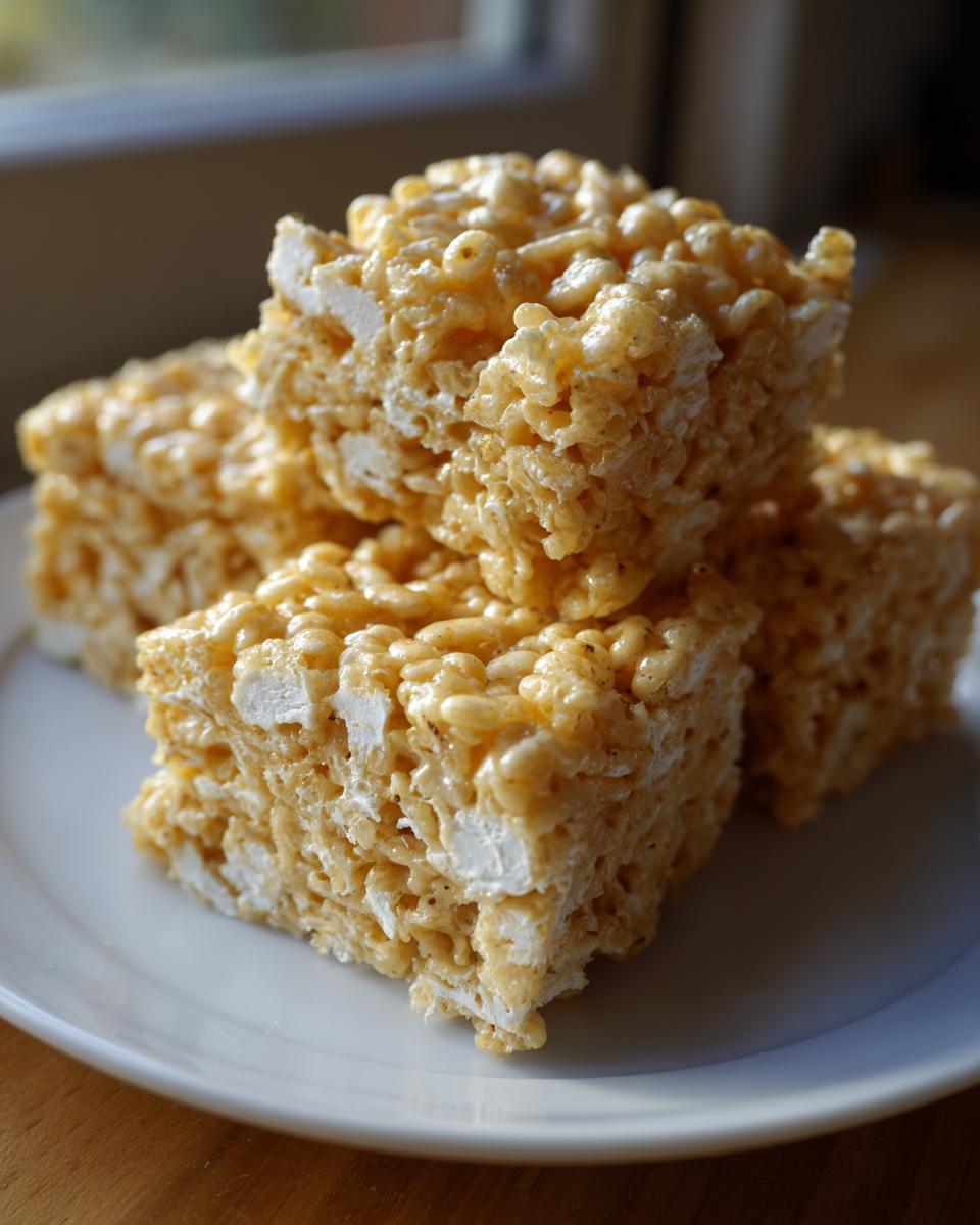 Close-up of stacked Rice Krispie treats recipe squares on a white plate.