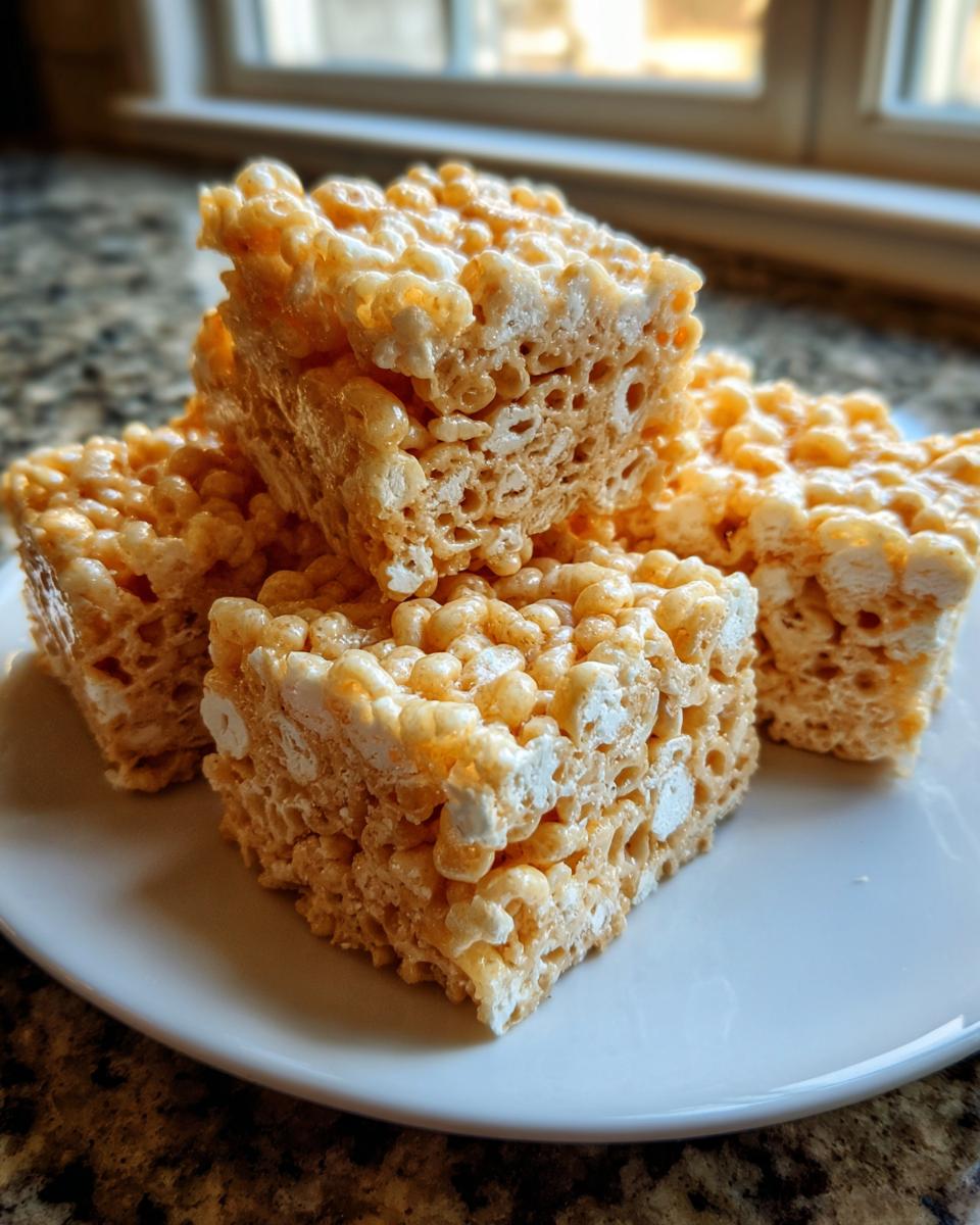 Close-up of four golden brown Rice Krispie treats recipe squares stacked on a white plate.