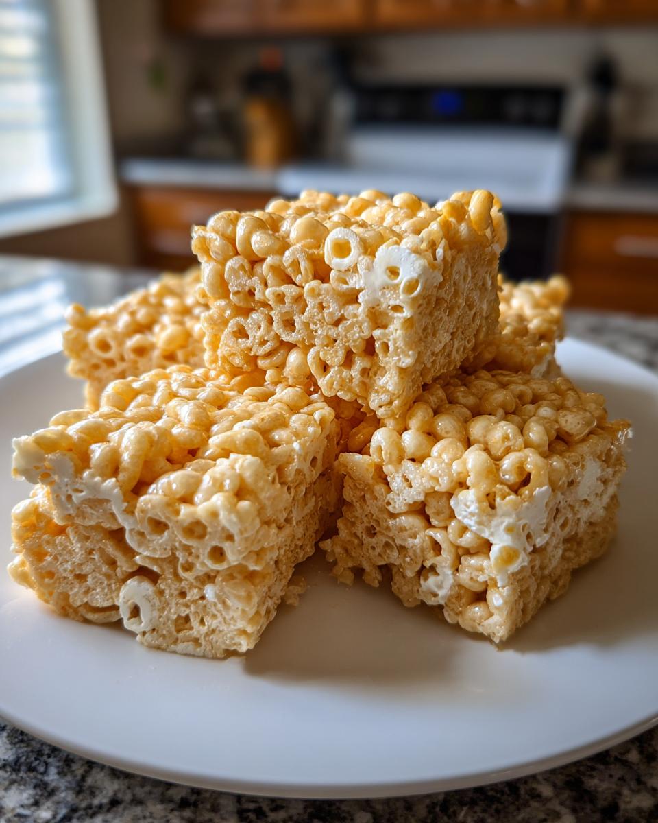 Stack of golden rice krispie treats recipe squares on a white plate in kitchen setting.