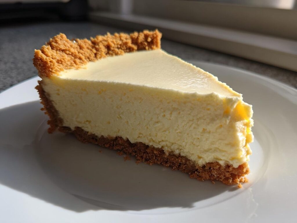 Close-up of a creamy slice of cheesecake with a golden graham cracker crust on a white plate
