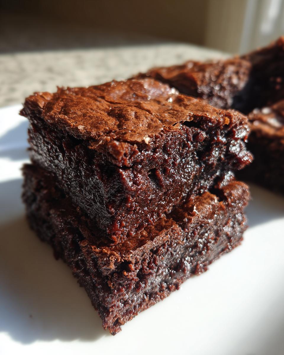 Close-up of a rich, moist square of fudgy brownie recipes with a crackly top.