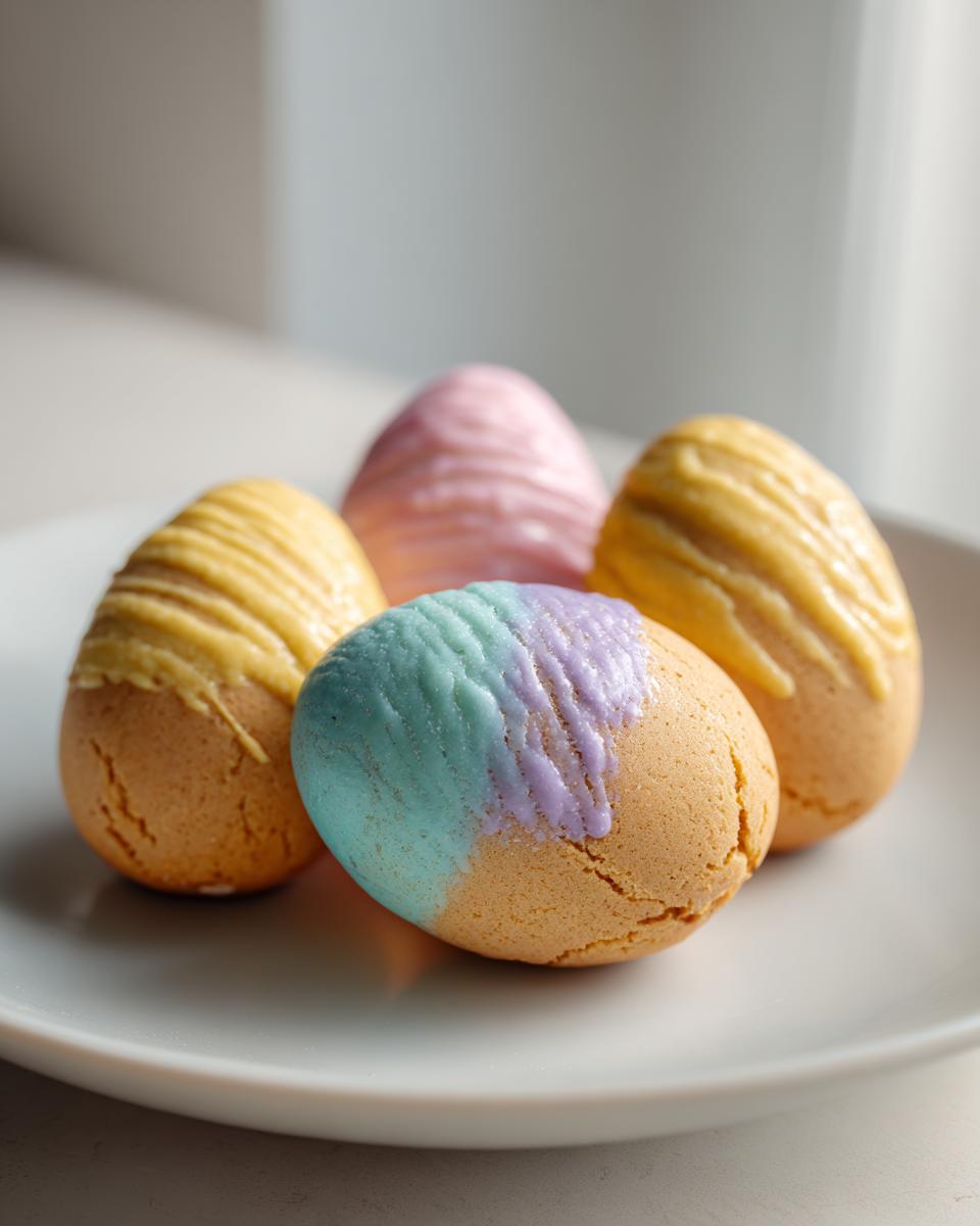 Close-up of colorful Easter cookie dough eggs with pastel icing on a white plate.