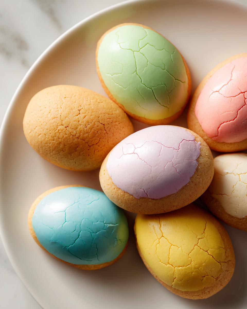 Assorted pastel-colored Easter cookie dough eggs with cracked tops on a white plate.
