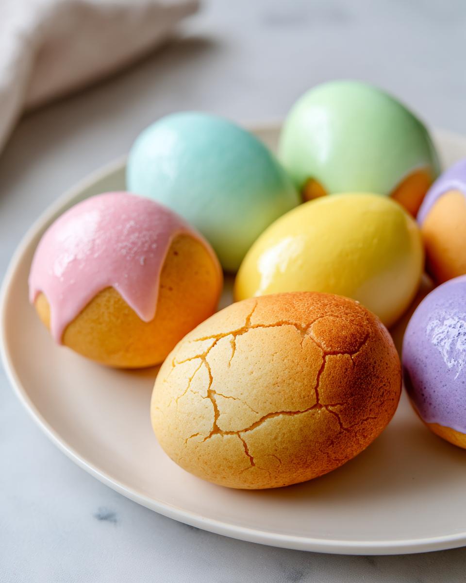 A plate of colorful Easter cookie dough eggs with pastel icing and cracked texture.