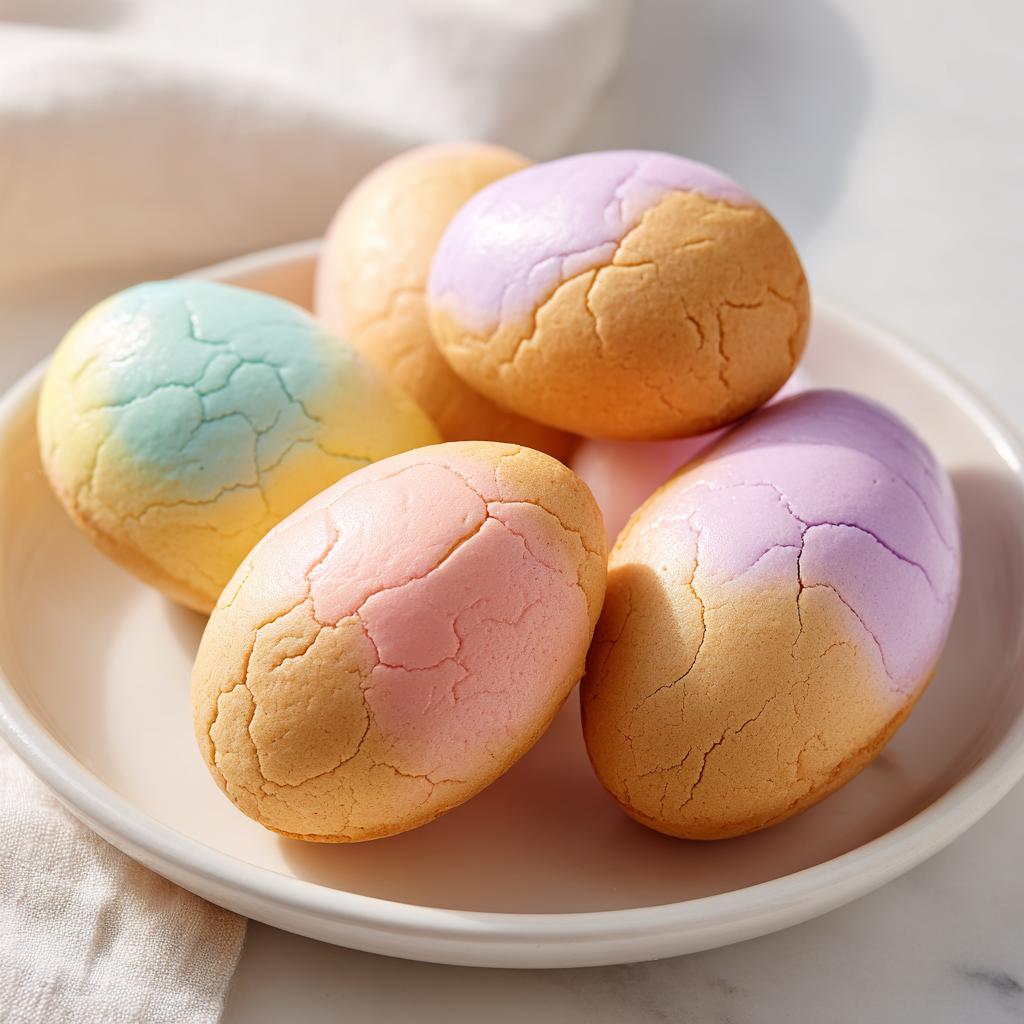 Pastel-colored Easter cookie dough eggs with cracked texture on a white plate.