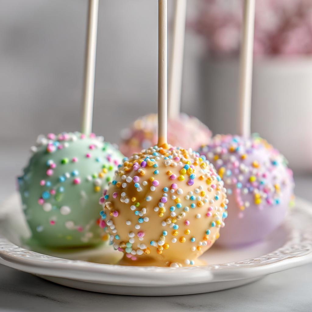 Close-up of pastel Easter egg cake pops decorated with colorful sprinkles on white sticks.