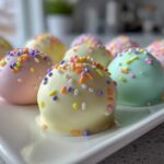 Close-up of pastel Easter egg cake pops decorated with colorful sprinkles on a white tray.