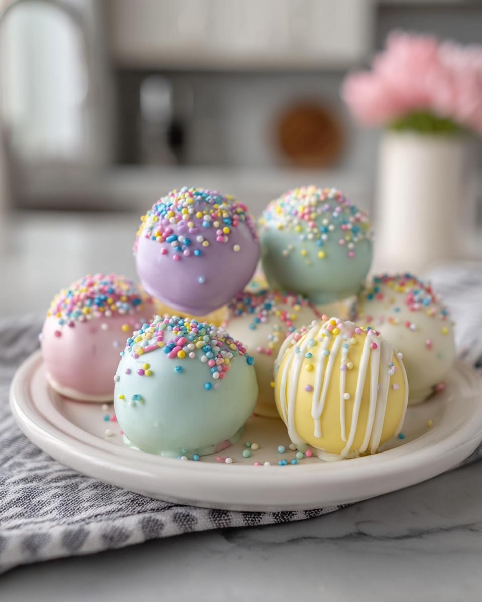 Pastel Easter egg cake pops decorated with colorful sprinkles on a white plate.