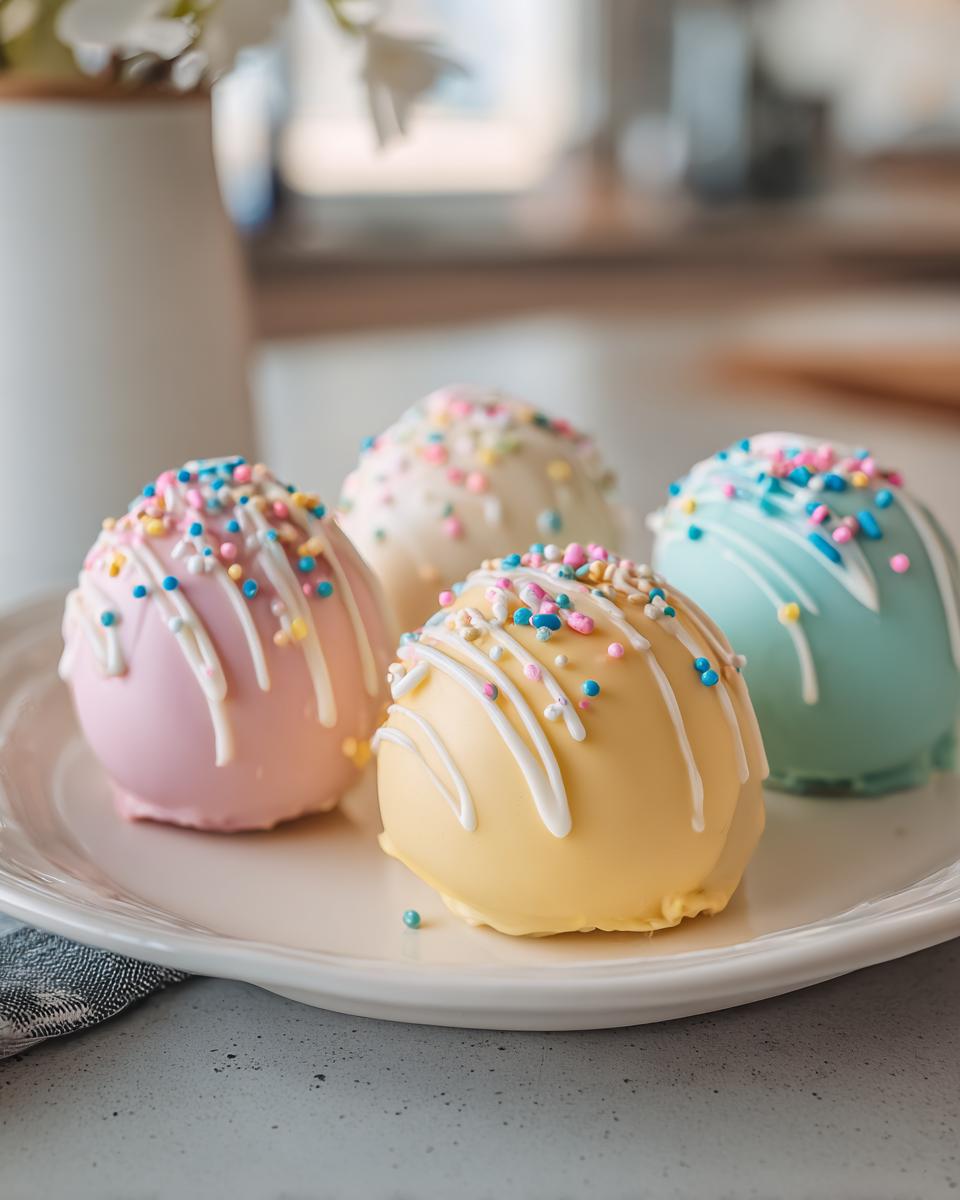 Four pastel Easter egg cake pops decorated with white drizzle and colorful sprinkles on a white plate.
