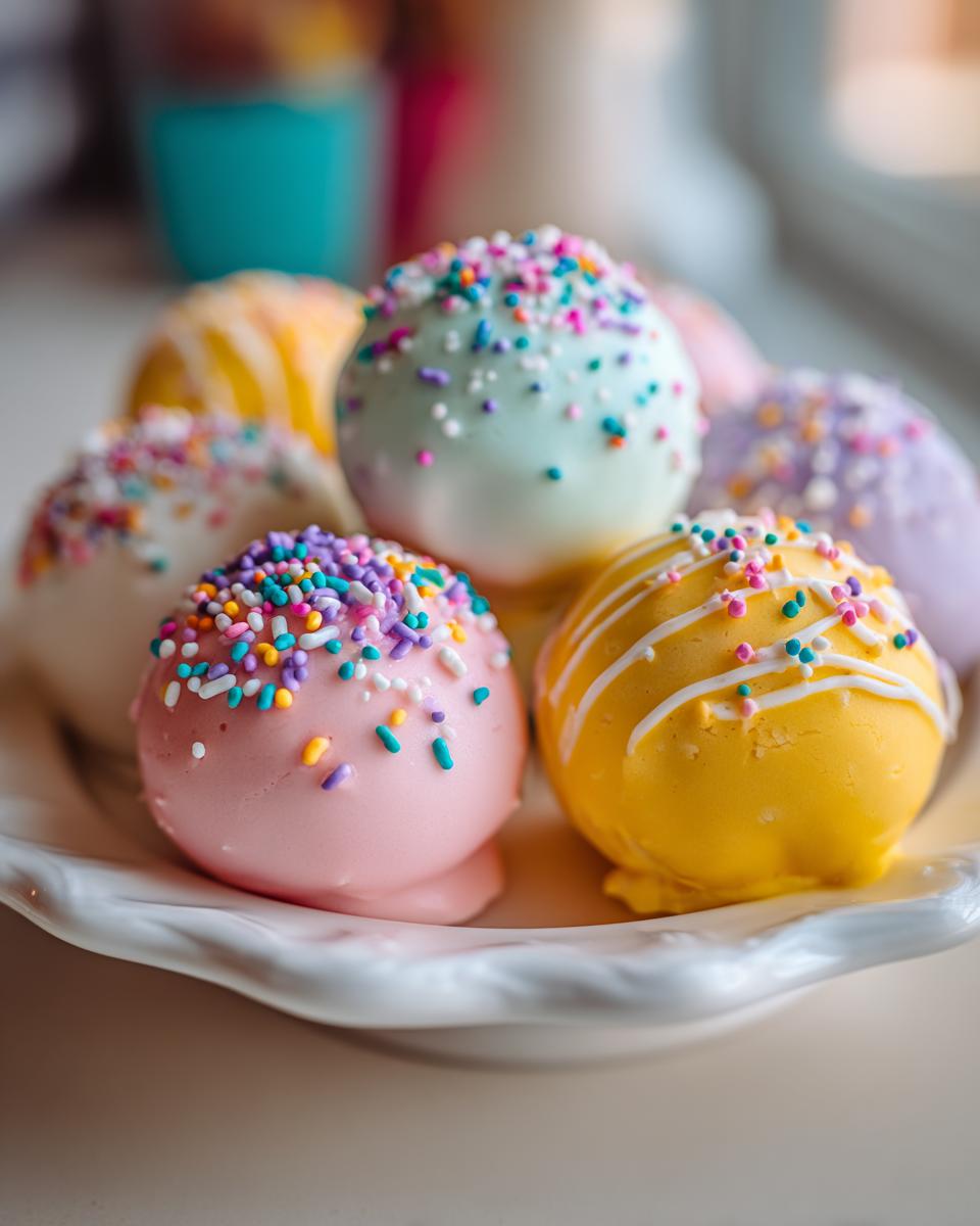 Close-up of pastel Easter egg cake pops decorated with colorful sprinkles on a white plate.