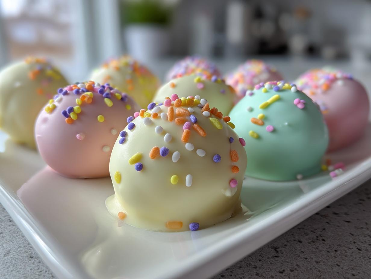 Close-up of pastel Easter egg cake pops decorated with colorful sprinkles on a white tray.