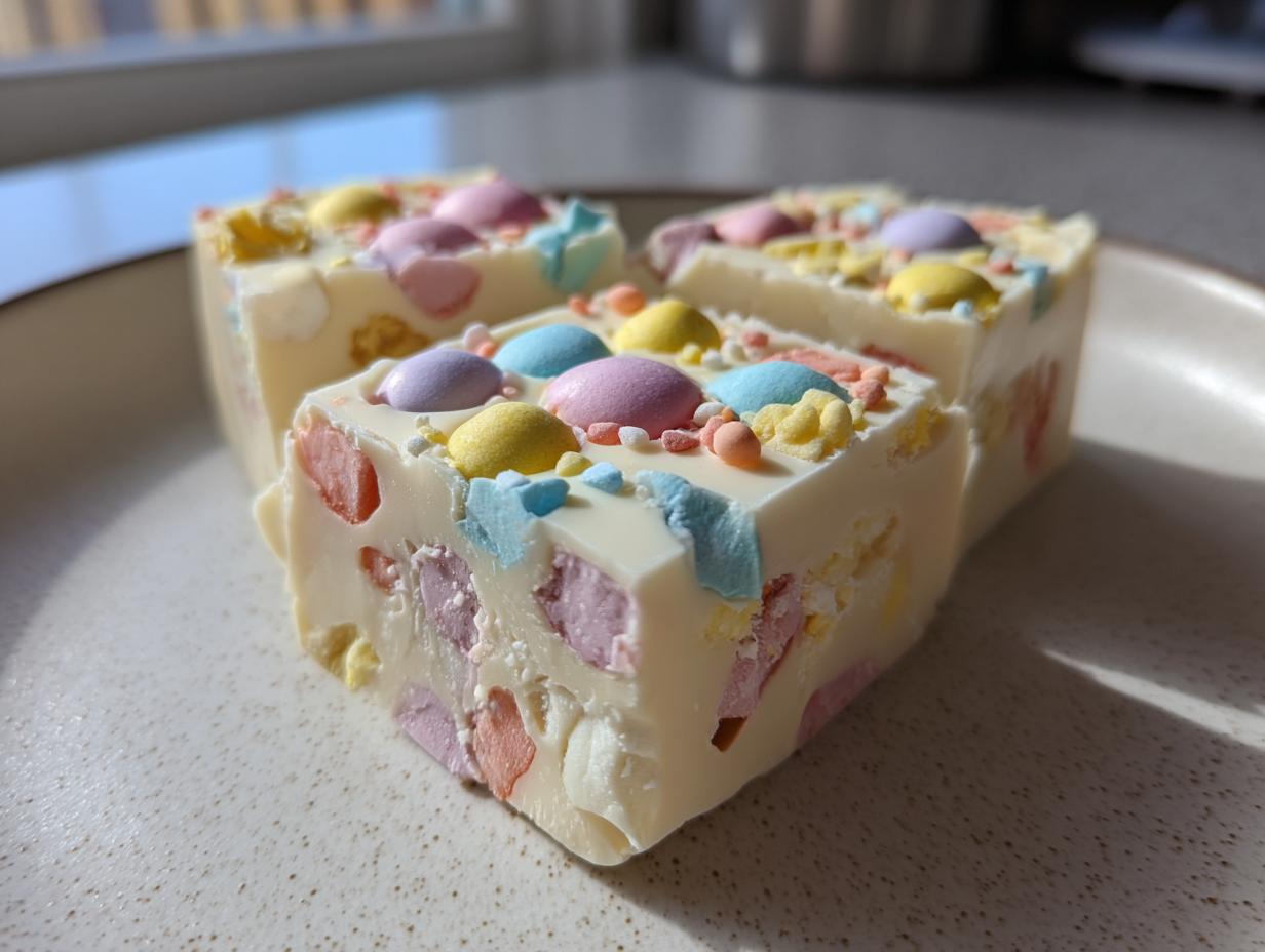 Close-up of three pieces of white Easter fudge recipes with pastel candy decorations on a plate.