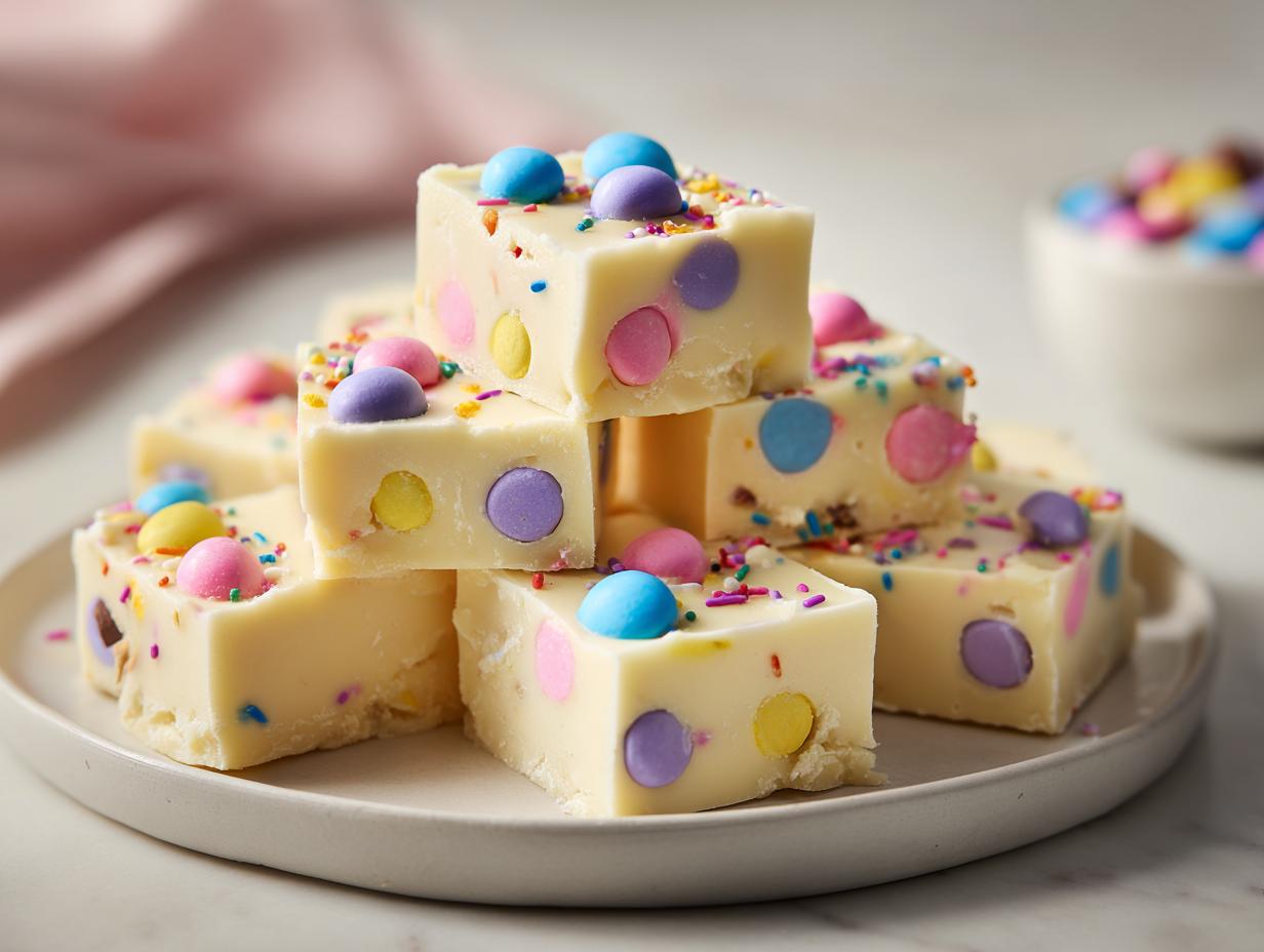 Stacked pieces of white fudge with colorful candy dots and sprinkles, perfect Easter fudge recipes treat.