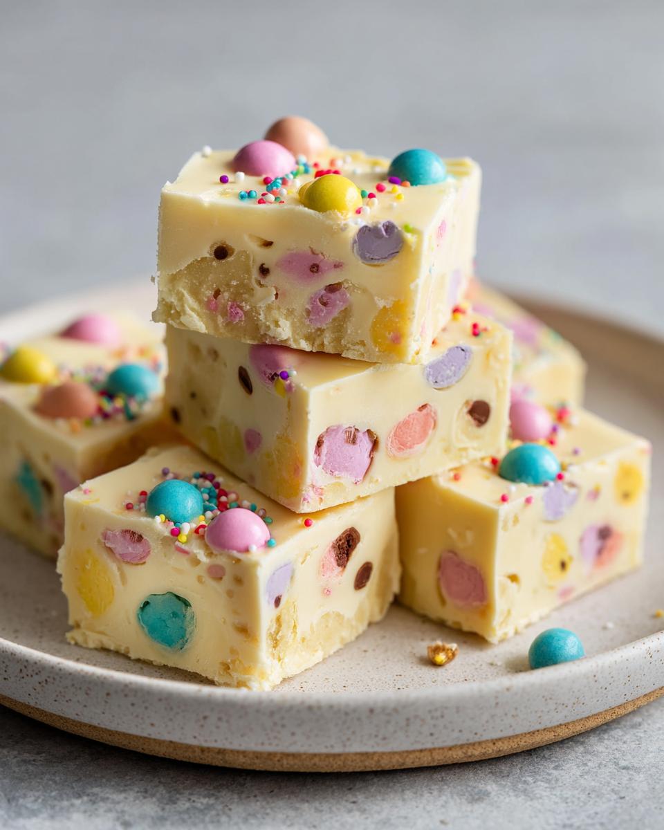 Stack of creamy white fudge squares with colorful candy pieces and sprinkles for Easter fudge recipes