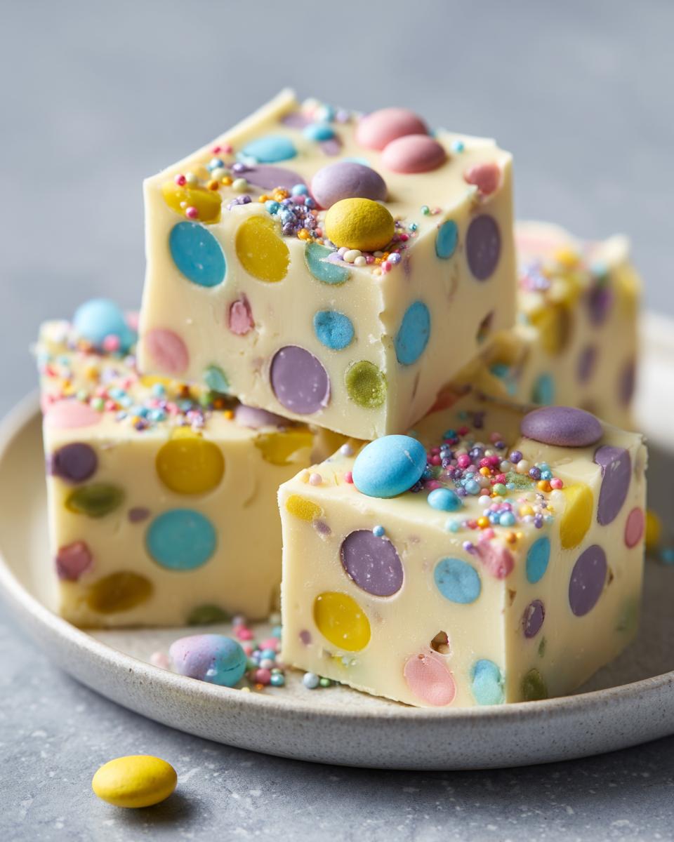 Close-up of colorful Easter fudge recipes cubes with candy pieces and sprinkles on a plate.