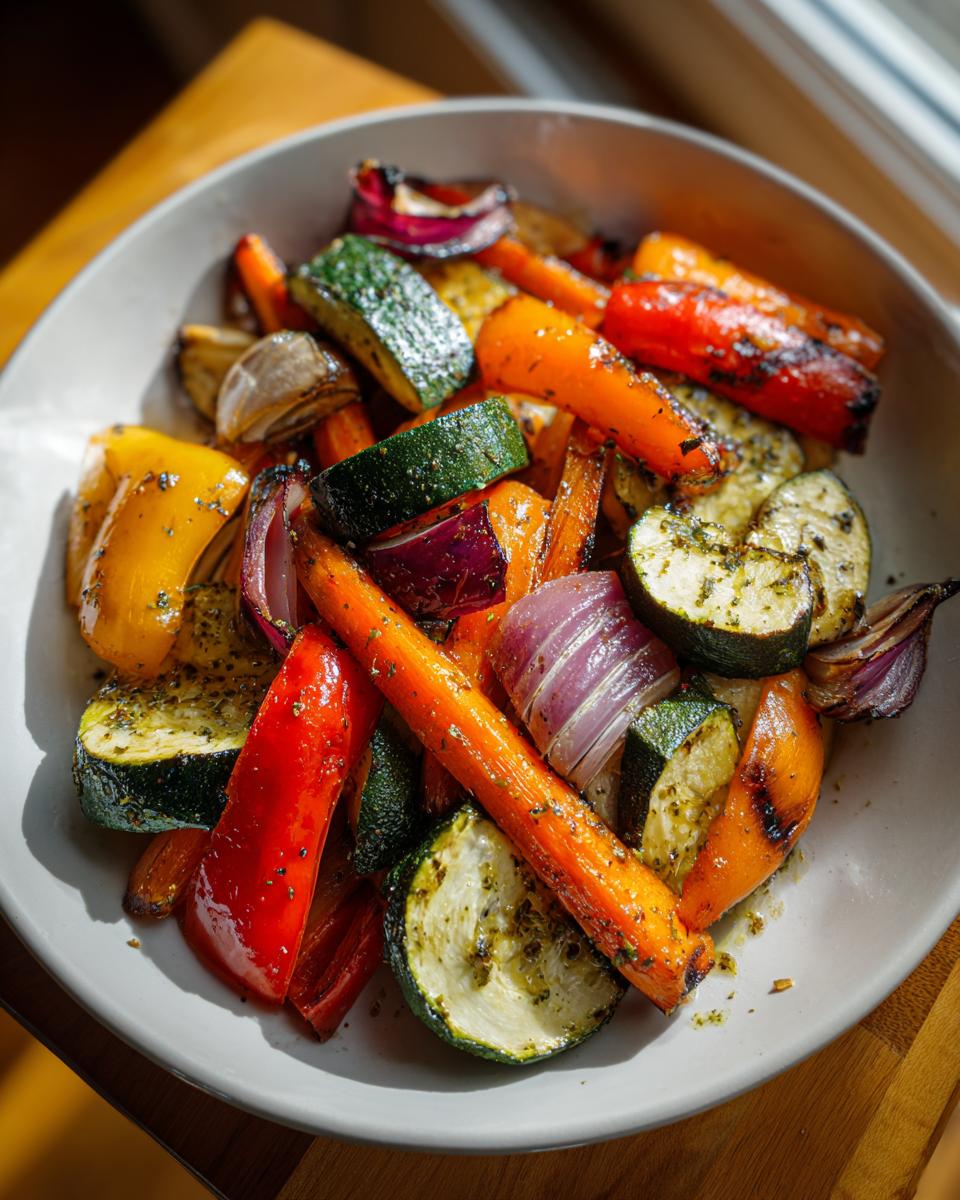 Bowl of vibrant roasted vegetable recipes including zucchini, carrots, bell peppers, and red onion.