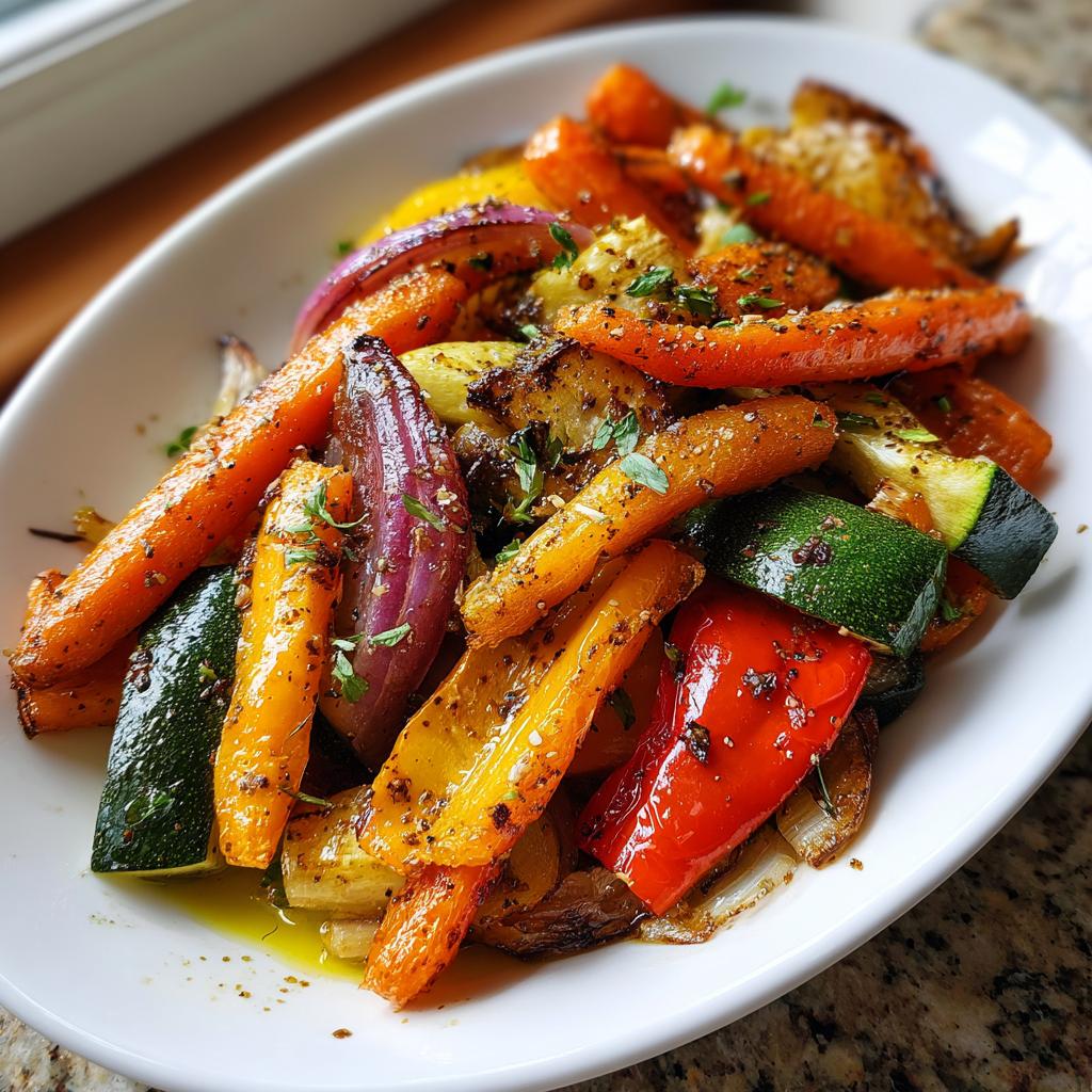 A plate of vibrant roasted vegetable recipes including carrots, zucchini, red onion, and bell peppers garnished with herbs.