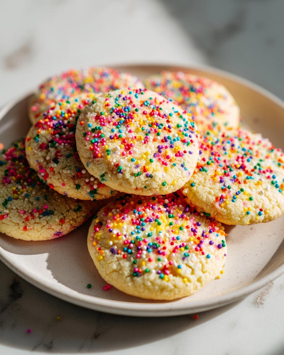Plate of colorful sprinkle cookies, a fun kid friendly dessert recipes option.