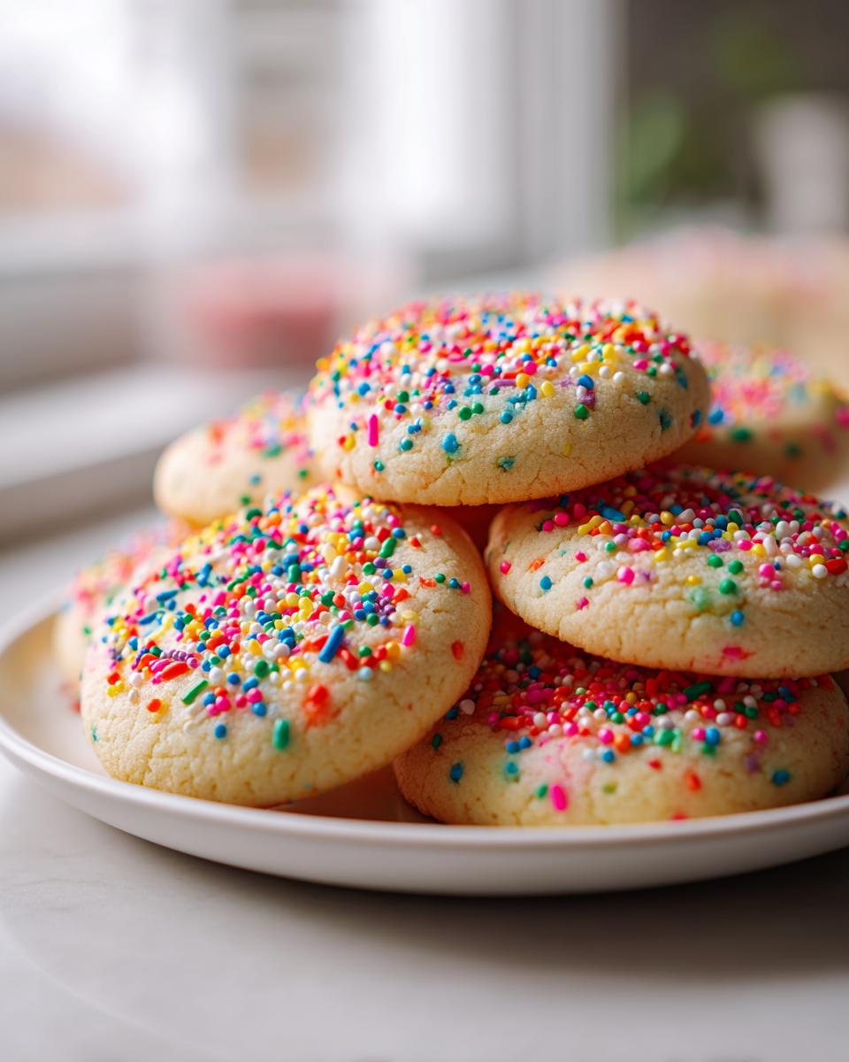 Plate of soft cookies topped with colorful sprinkles, perfect kid friendly dessert recipes.