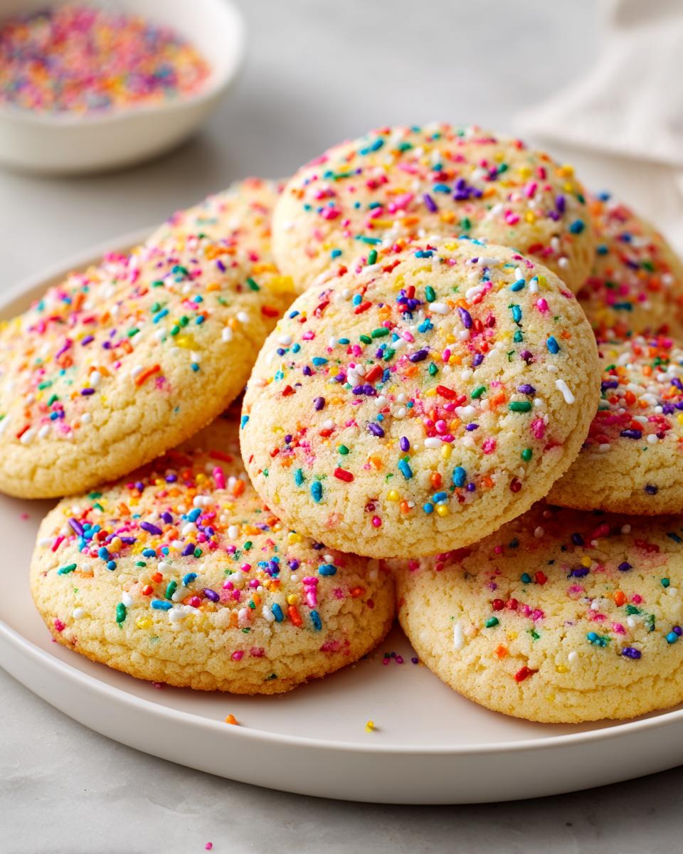 Plate of soft cookies topped with colorful sprinkles, perfect kid friendly dessert recipes.