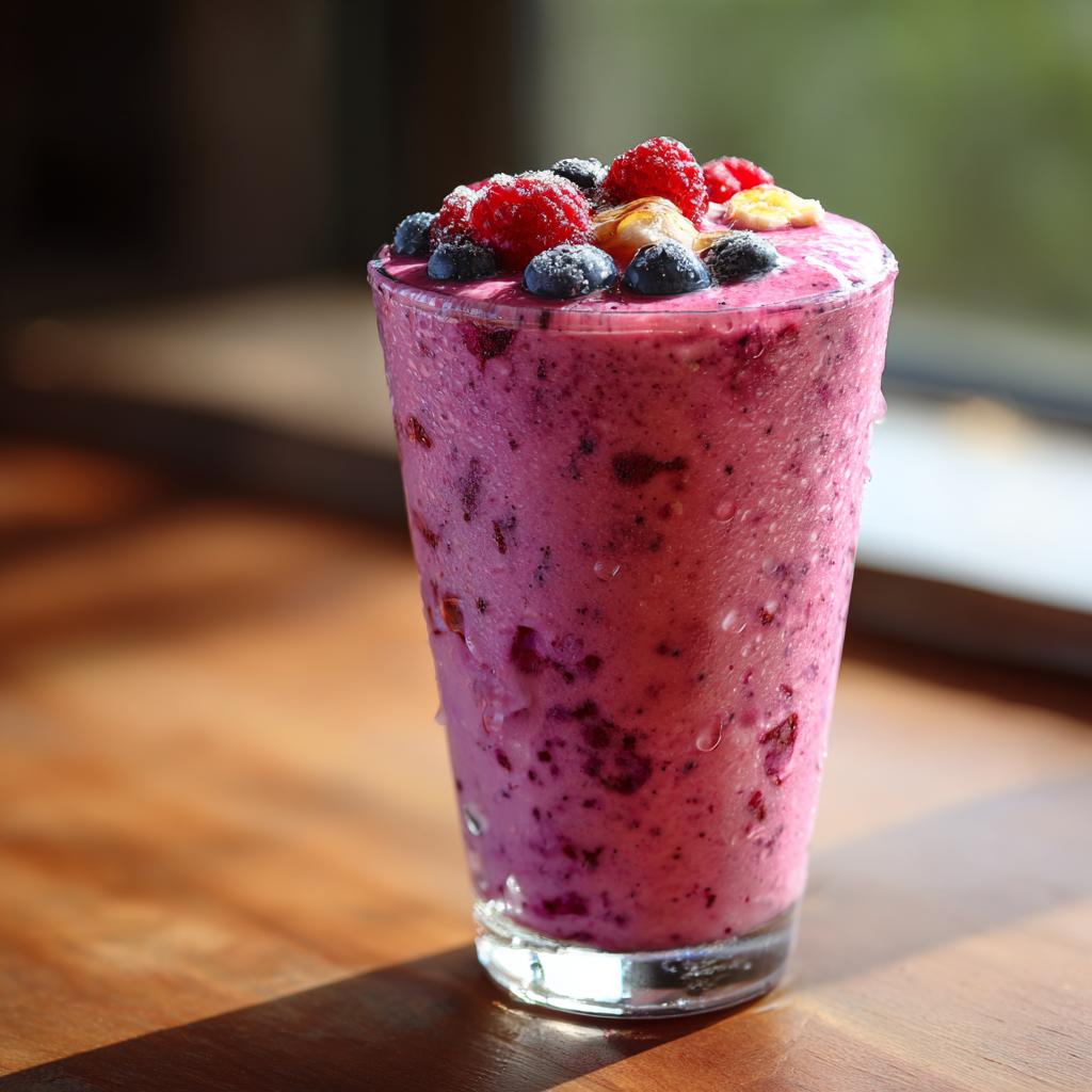 A tall glass filled with creamy berry banana smoothie topped with fresh blueberries and raspberries.