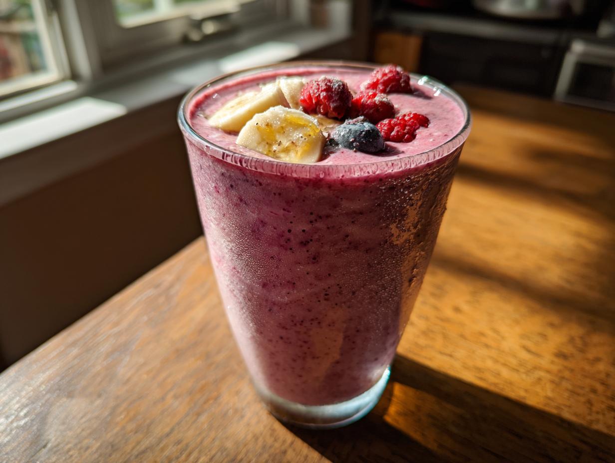 Close-up of a creamy berry banana smoothie topped with banana slices and berries.