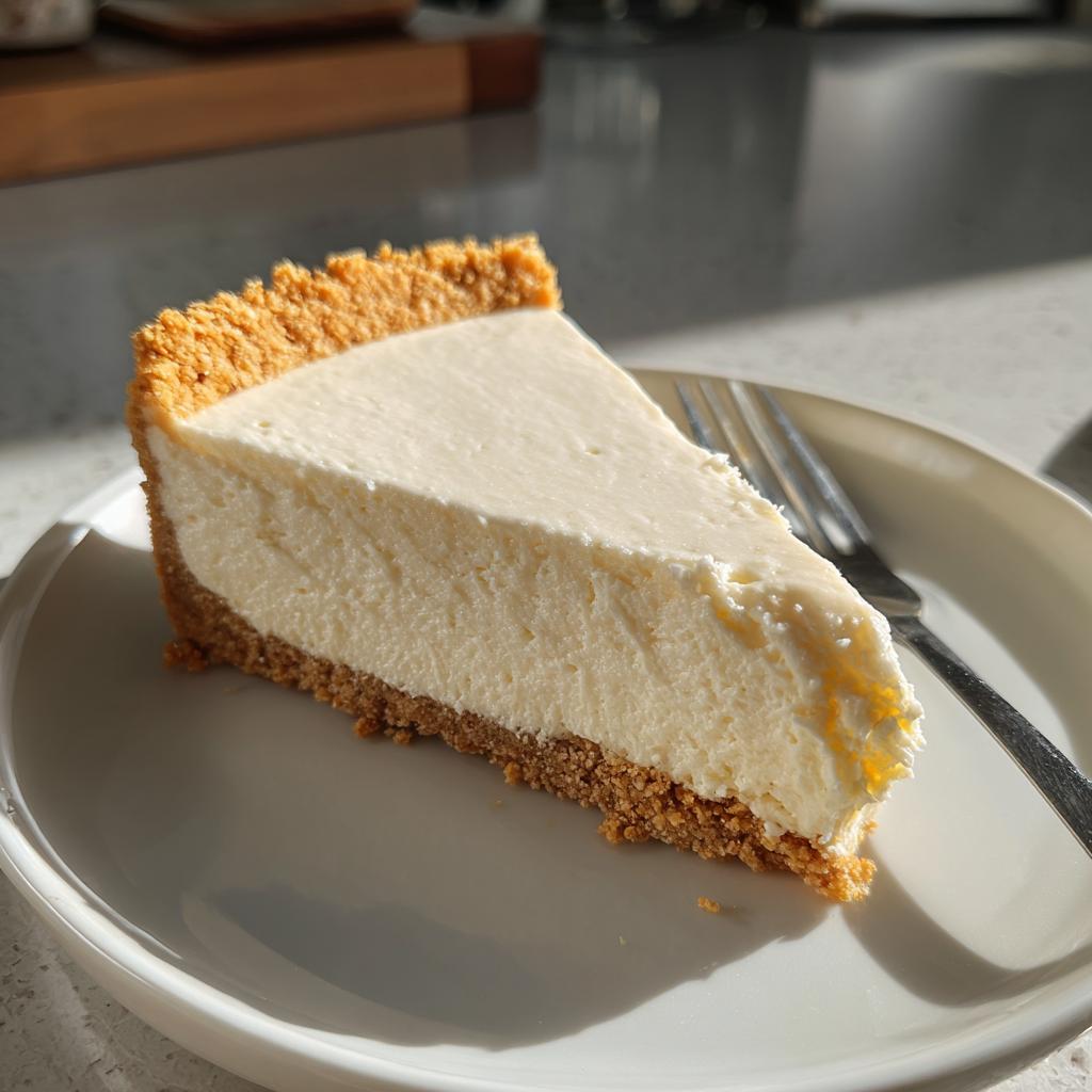 Slice of creamy cheesecake with a golden graham cracker crust on a white plate with fork