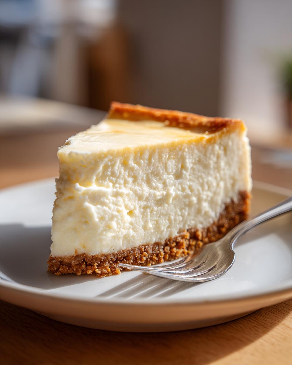 Close-up of a creamy cheesecake slice with graham cracker crust on a white plate