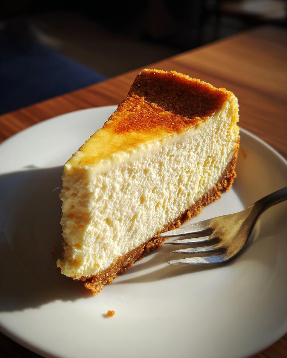 Slice of creamy cheesecake with golden crust on white plate with fork, perfect make ahead dessert recipes