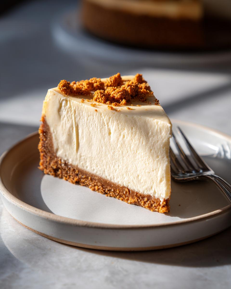 Close-up of a creamy cheesecake slice with crumb topping on a plate with fork
