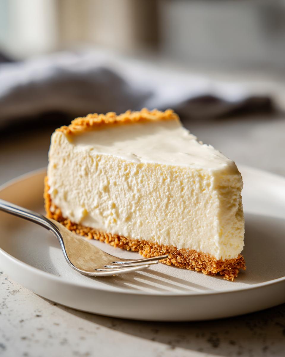 Slice of creamy cheesecake with graham cracker crust on a plate with fork, perfect for make ahead dessert recipes.