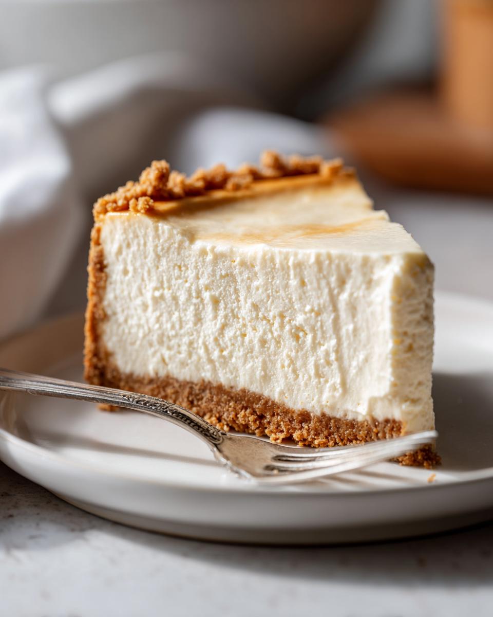 Close-up of a creamy cheesecake slice with graham cracker crust on a white plate with a fork.