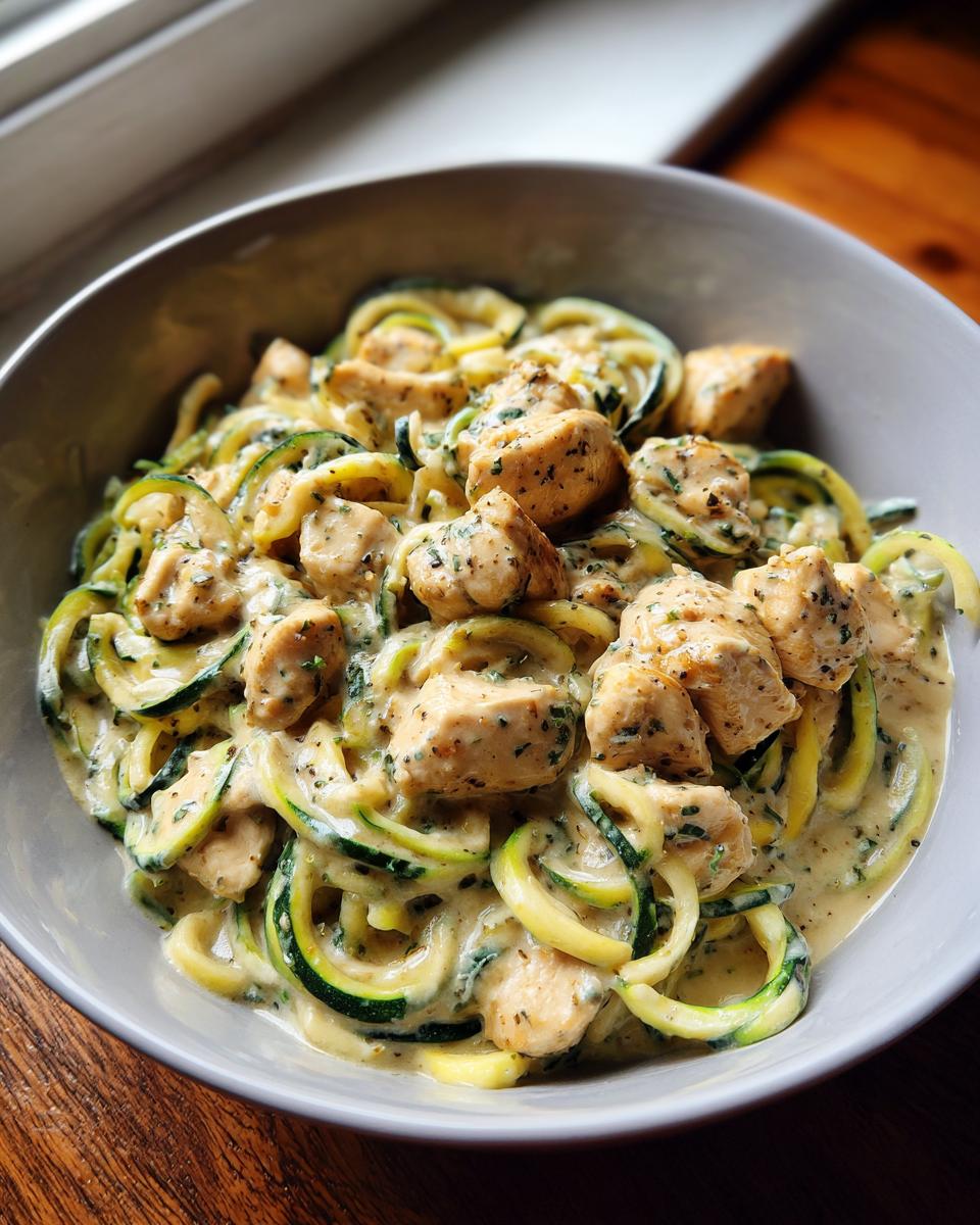 Bowl of creamy chicken with zucchini noodles in a herb sauce for low carb dinner recipes