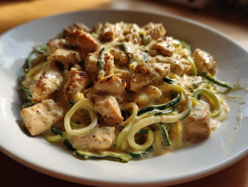 Plate of creamy chicken and zucchini noodles, a low carb dinner recipe