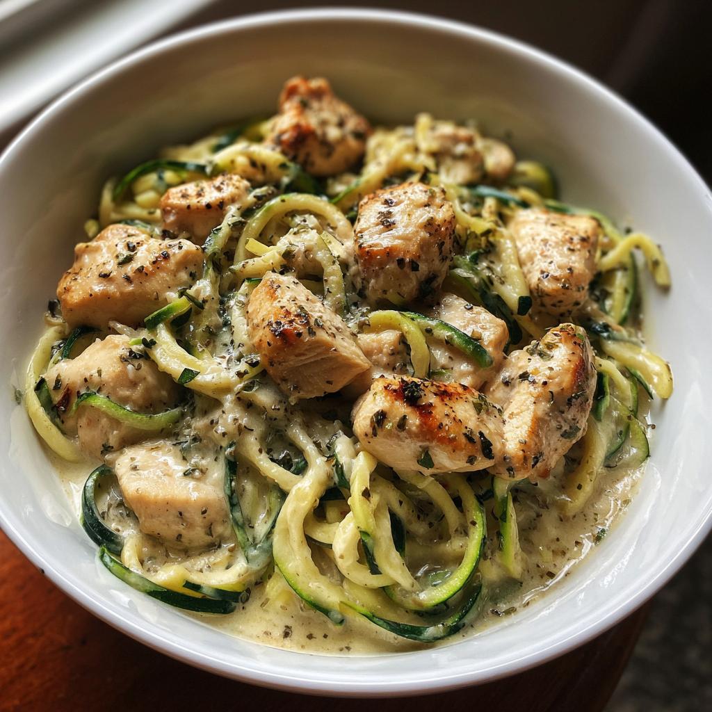 Bowl of creamy chicken and zucchini noodles, a delicious low carb dinner recipe.