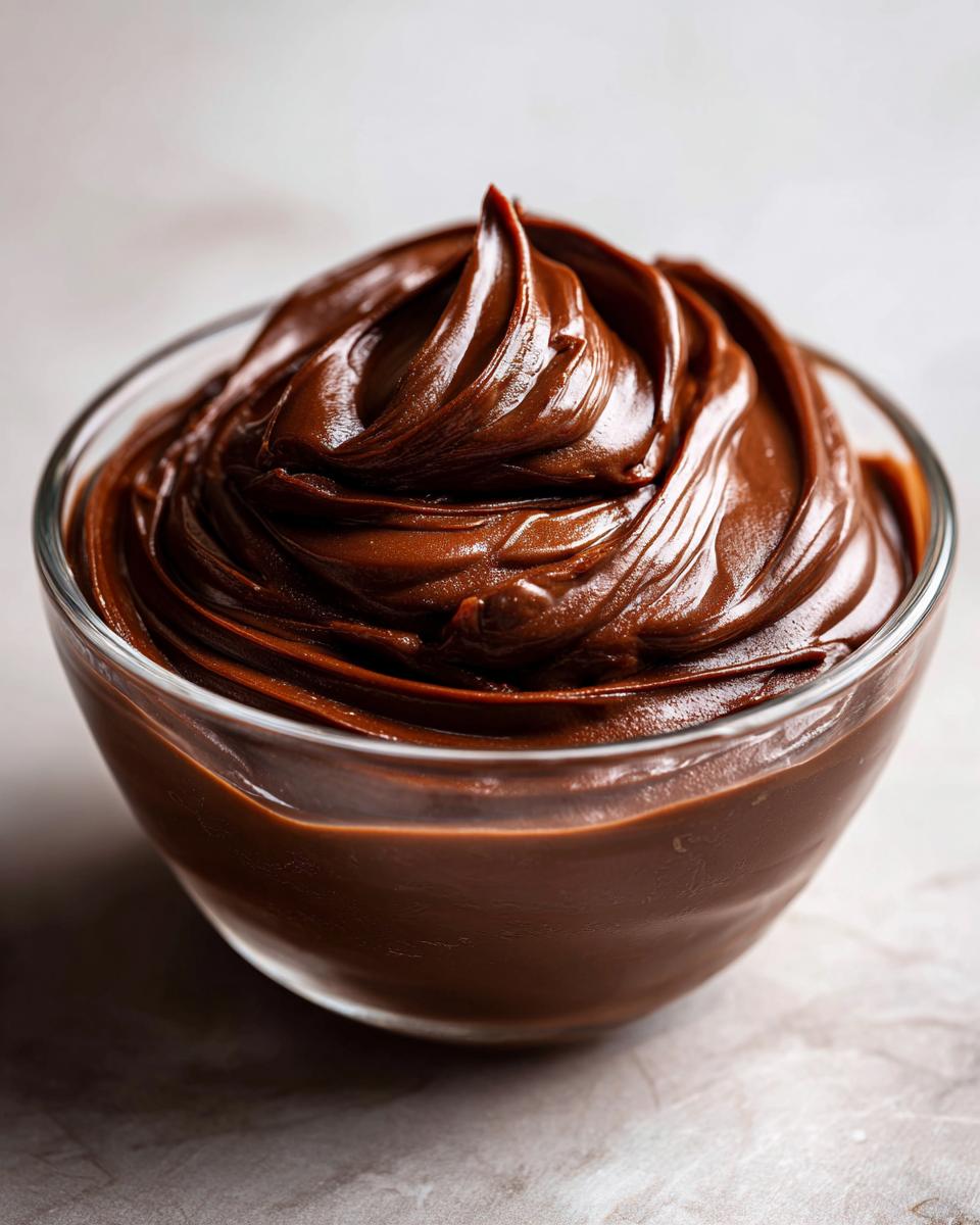Smooth and creamy chocolate pudding dessert swirled in a clear glass bowl.