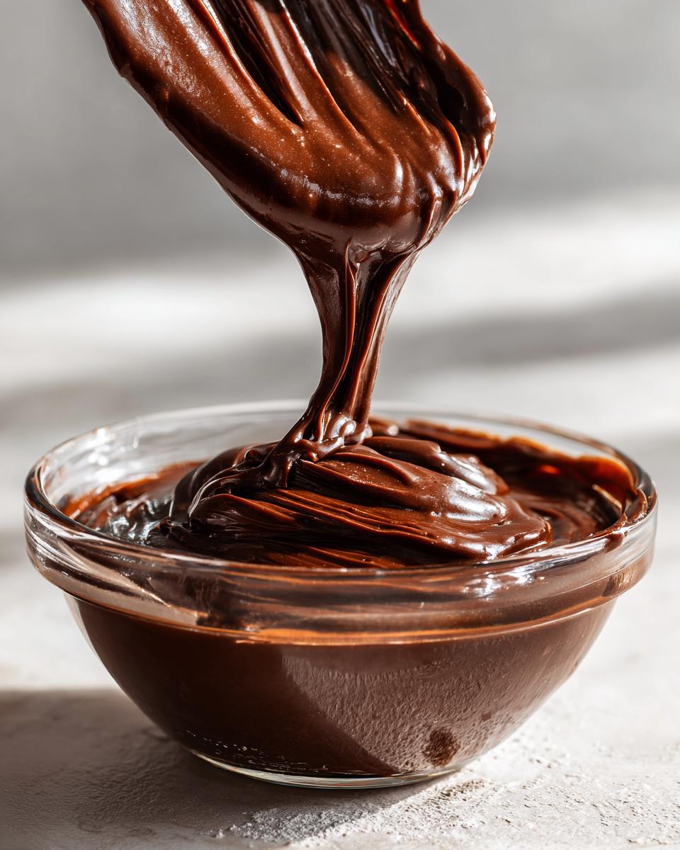 Thick and creamy chocolate pudding dessert being lifted with a spoon from a glass bowl.