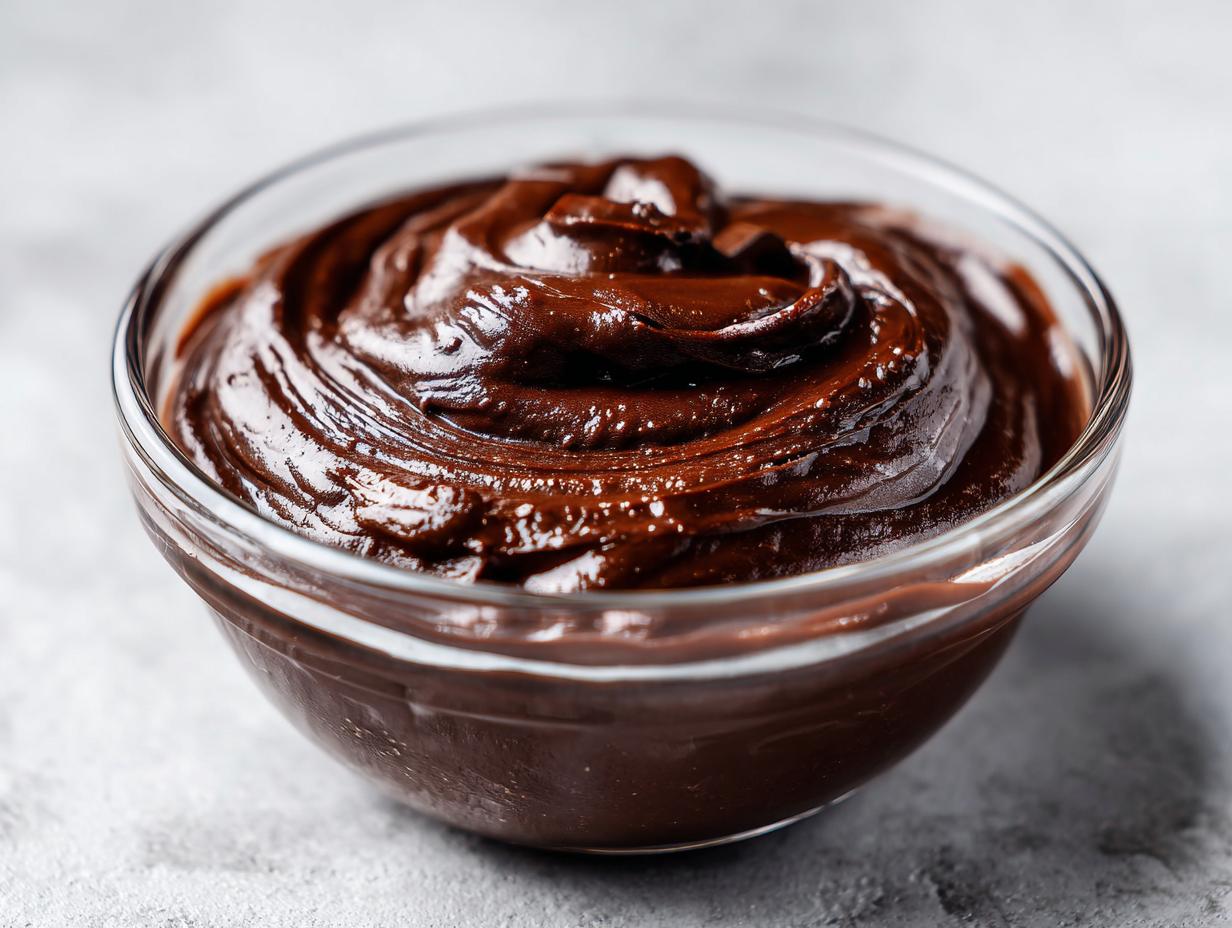 Close-up of creamy chocolate pudding dessert swirled in a clear glass bowl.