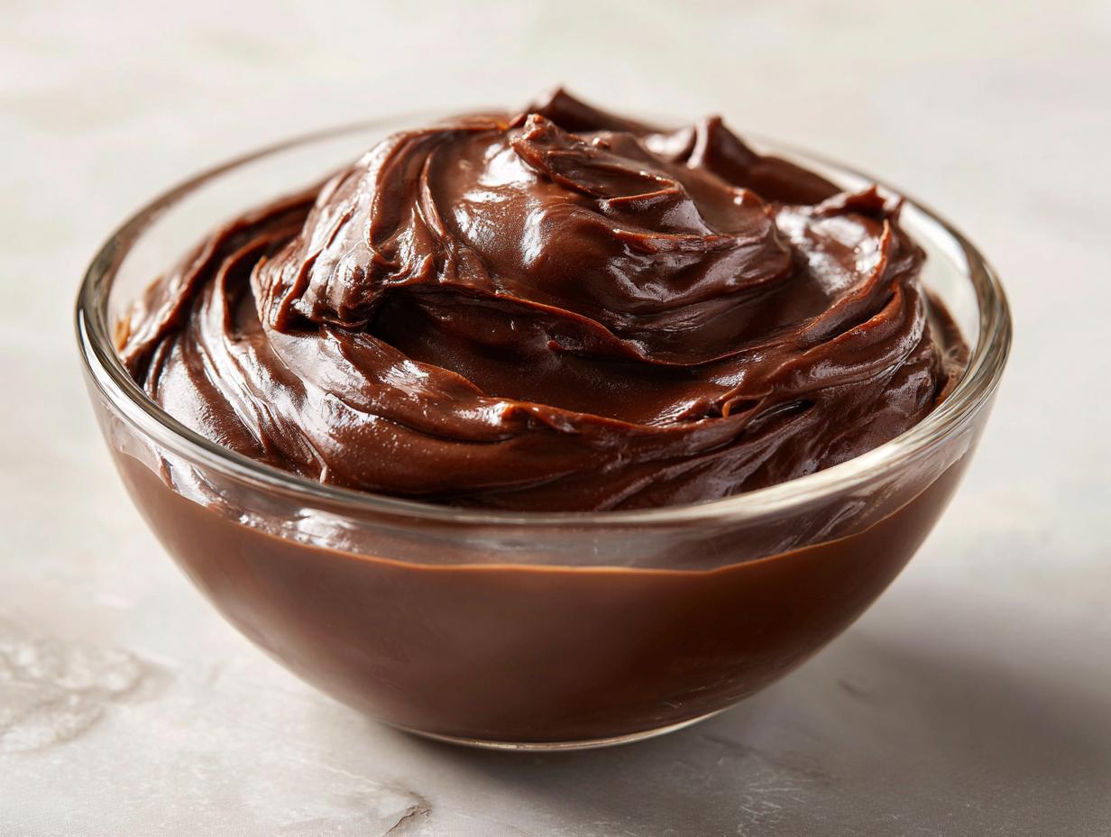 Smooth and creamy chocolate pudding dessert swirled in a clear glass bowl.