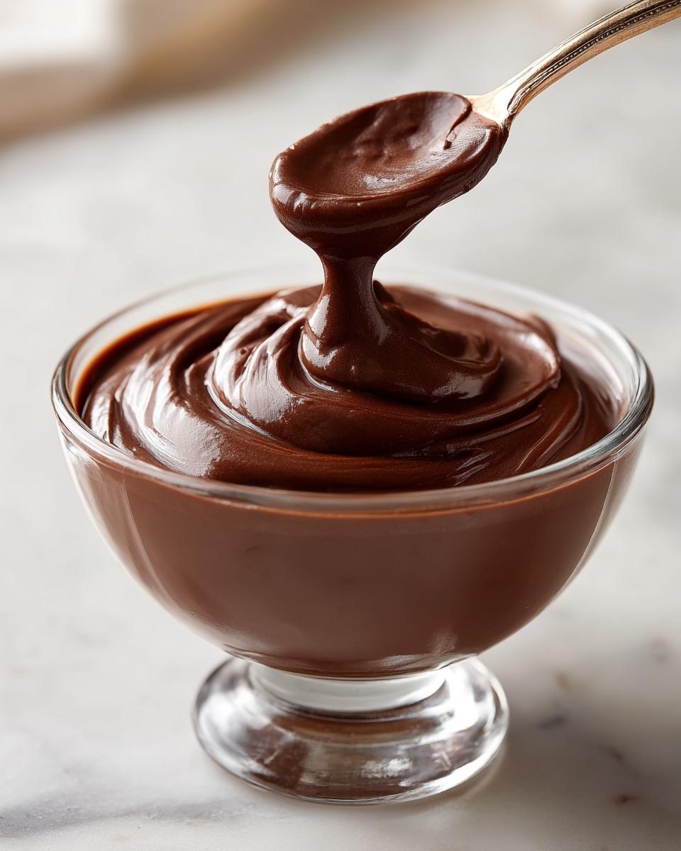 Smooth chocolate pudding being scooped with a spoon in a glass bowl, easy pudding recipes