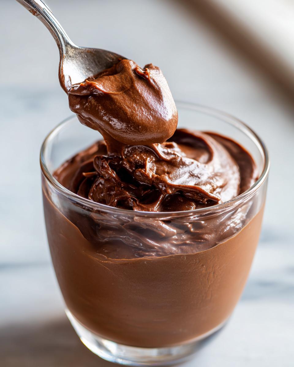 Spoon scooping creamy chocolate pudding from a glass cup, showcasing smooth texture, easy pudding recipes