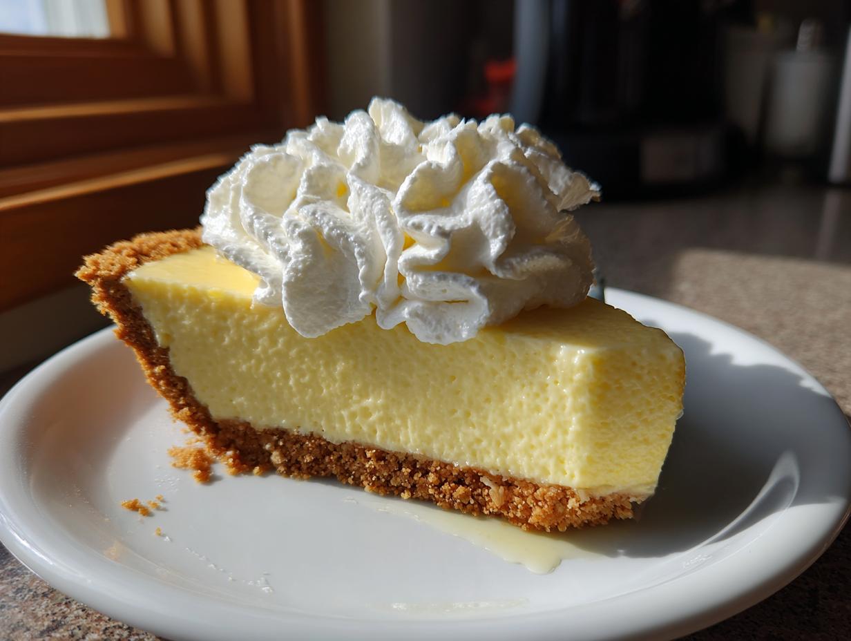 A slice of creamy freezer friendly dessert pie with graham cracker crust and whipped cream topping.