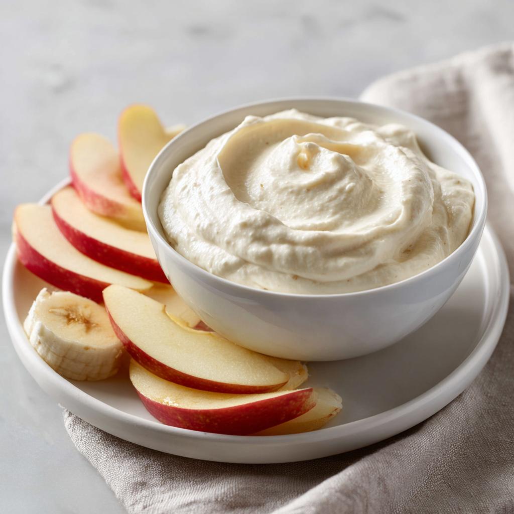Bowl of creamy fruit dip served with sliced apples and banana on a white plate
