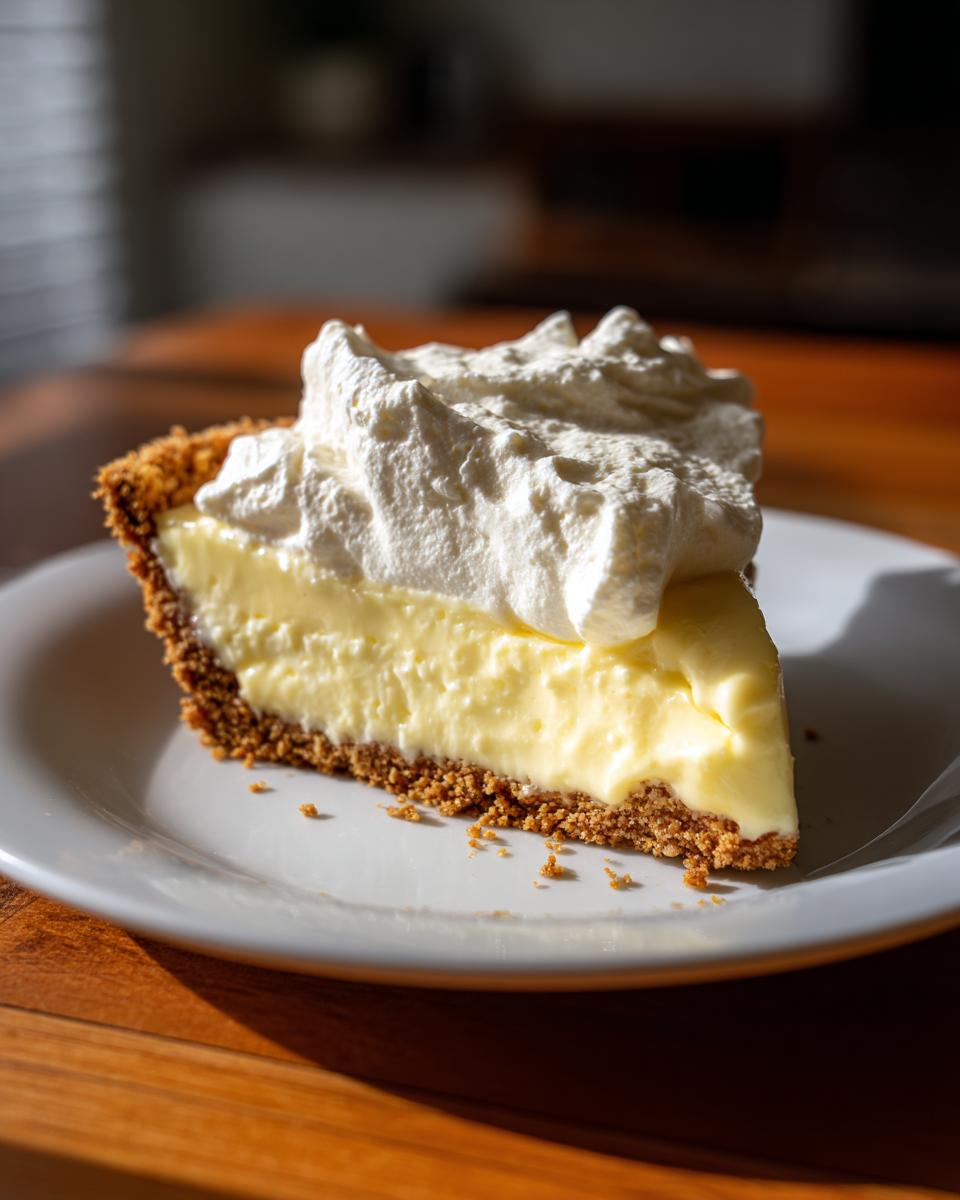 Slice of creamy lemon pie with graham cracker crust and whipped topping on white plate.